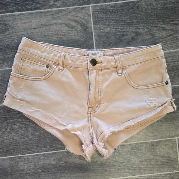 Free People Tan Jean Shorts Distressed Style - Picture 2 of 6